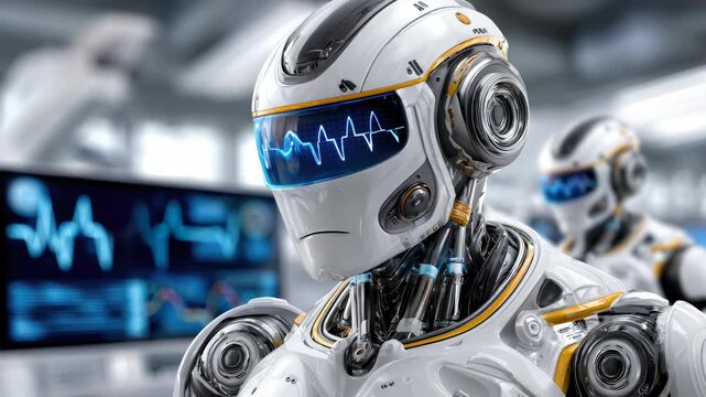 Futuristic humanoid robot analyzing data on a digital screen, with a blue waveform display on its visor showcasing artificial intelligence and advanced technology in a modern lab