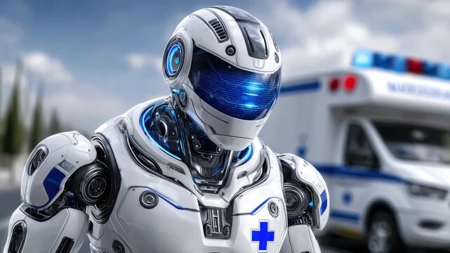 Robotic paramedic revolutionizing future emergency healthcare with advanced artificial intelligence, standing ready with a modern ambulance in the background for medical rescue