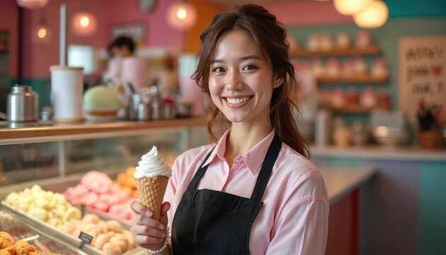 Smiling woman works in colorful ice cream shop. She holds ice cream cone with swirl topping. Person serves dessert in cozy sweet cafe. Happy worker offers frozen treat.