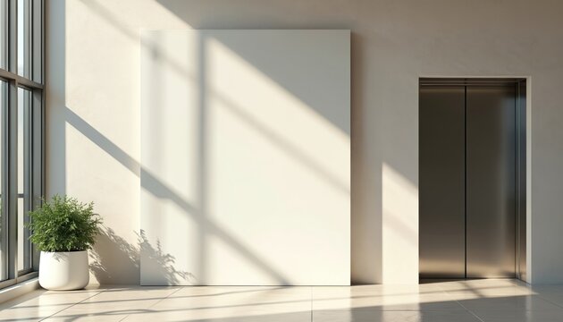 Blank billboard next to modern elevator in bright lobby interior. Sunlight creates shadows on wall and floor. Space for advertising announcements or messages.