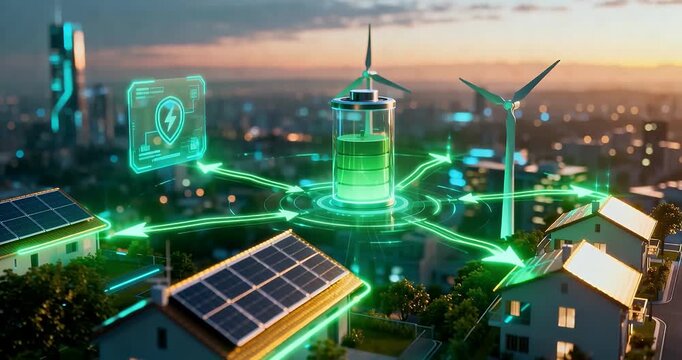 A futuristic city with houses, solar panels, wind turbines, and a large battery, all connected by glowing green lines representing a smart energy grid.