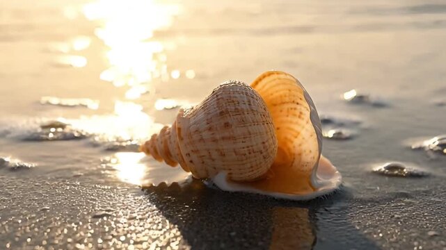 High detail conch shell golden tone beach shell healing ocean imagery realistic beach shell photo bokeh effect seashell washed up seashell single shell on shore