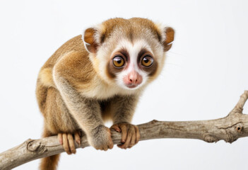 Slow loris sits on a branch, large expressive eyes, white background