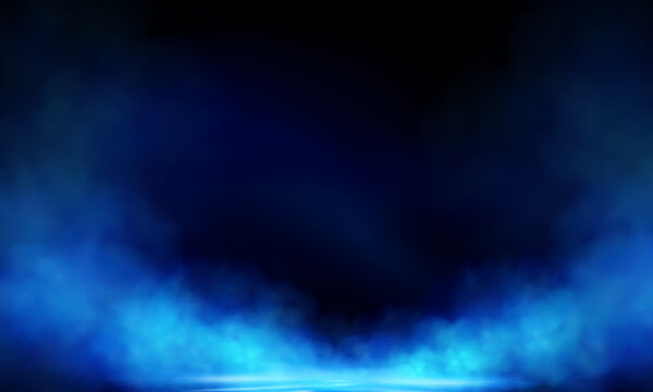 Abstract empty scene with blue neon light and smoke, fog.