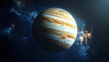 Large gas giant planet with swirling brown and blue clouds floating in a vast dark space filled with distant stars