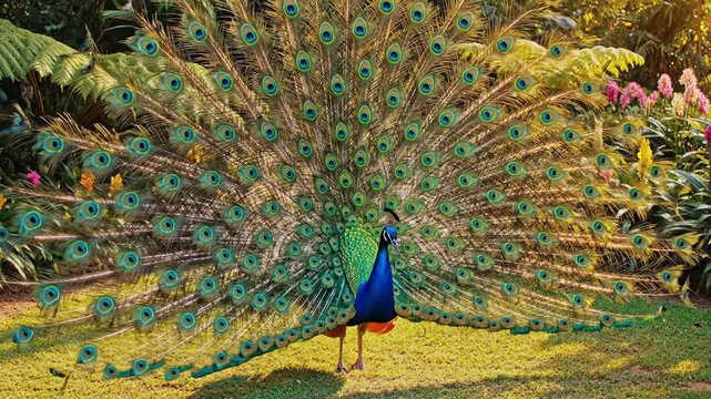 Majestic Male Peacock Displays Vibrant Eye-Spotted Tail Feathers in Sunlit Garden