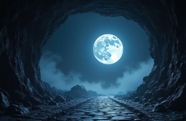 Fototapeta premium Pathway through rocky cave under bright full moon. Dark misty night sky with stars. Stone path leads to darkness, surreal fantasy landscape.