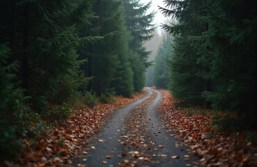 Curving asphalt road in dark forest, covered with fallen leaves. Tall evergreen trees line the path in late autumn mist. Gloomy nature scene, quiet woodland way.