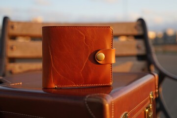 Brown leather wallet on a suitcase outdoors