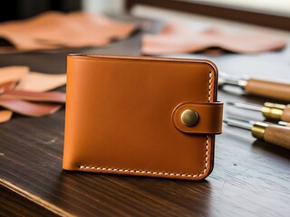 Brown leather wallet on wooden table with tools  handmade leather goods