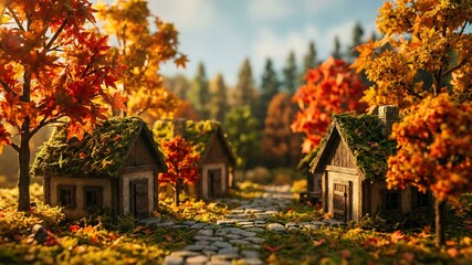 Obraz premium 秋色に染まるミニチュア街道の静寂な風景