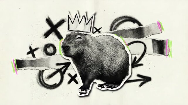 Funny collage with capybara wearing a crown surrounded by graffiti-style arrows and paper strips for modern street art concept