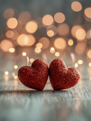 Fototapeta premium Two sparkling red hearts placed closely together on a rustic wooden surface with warm glowing bokeh lights creating a romantic and intimate atmosphere in the backgro