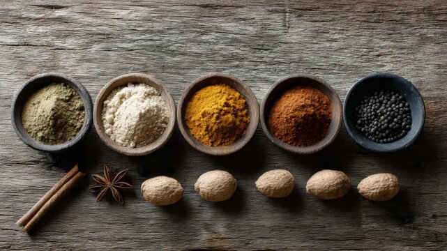 Various vibrant spices and herbs are neatly arranged in small bowls and lines on a weathered wooden table, creating a visually appealing display