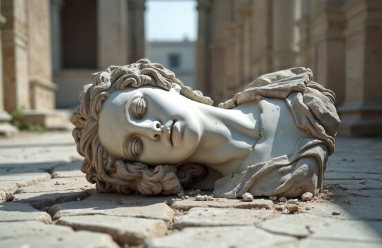 Broken marble statue head lies on cracked stone ground. Ancient classical sculpture shows signs of decay and damage, symbolizing forgotten history and ruin.