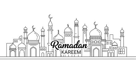 Ramadan Kareem Mosque Illustration with Minarets. © Robbanadolamna