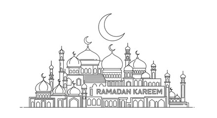 Fototapeta premium Ramadan Kareem Islamic Mosque Architecture Crescent Moon Line Art.