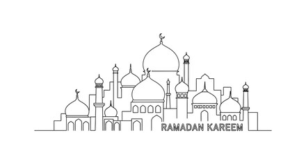 Ramadan Kareem Mosque Illustration with Domes and Minarets. © Robbanadolamna