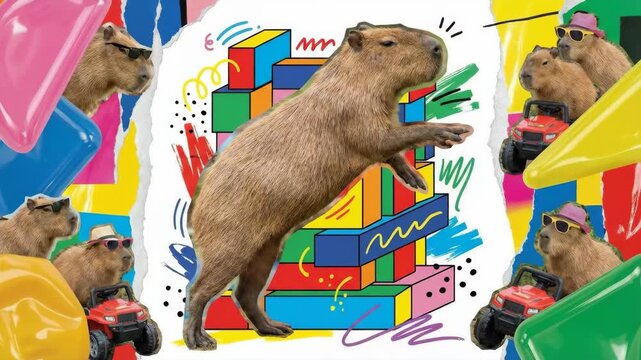Funny capybara collage concept on a bright background. Capybaras playing with toy cars and colorful blocks.
