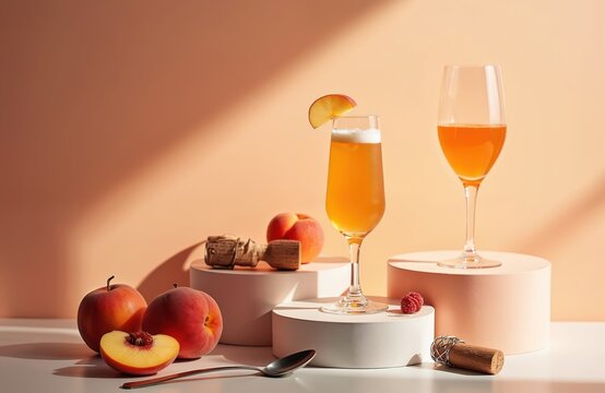 Two glasses with peach bellini cocktail. Ripe peaches and raspberries on pedestals. Refreshing summer drinks on table. Bubbles in champagne.