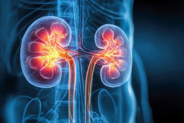 Fototapeta premium Detailed digital illustration of human kidneys with highlighted internal structures showing vascular and renal anatomy in a translucent torso against a dark backgrou