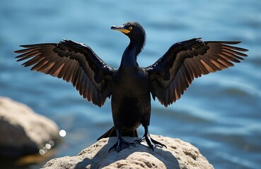 Fototapeta premium Black cormorant bird sits on rock spreading wide wings. Aquatic wild bird dries feathers in sun. Birding, ornithology, wildlife subject by blue water.