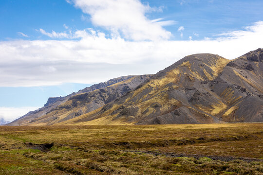 Volcanic mountain slopes rising above Thorsmork valley in South Iceland