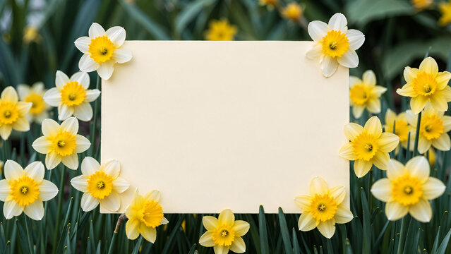 Blank Beige Card Surrounded by Blooming Yellow Daffodils in Spring Garden for St Davids Day Greeting Message and Welsh National Celebration