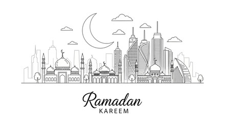 Obraz premium Ramadan Kareem Islamic Cityscape Skyline Illustration.