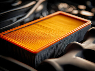 Rectangular yellow air filter with orange frame installed in a car engine compartment surrounded by mechanical components and engine parts