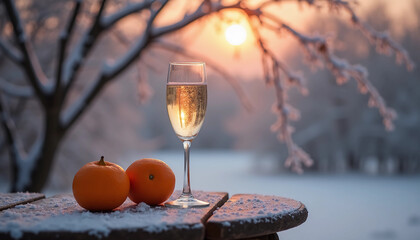 Chinese New Year Still Life with Oranges and Champagne in Winter Evening
