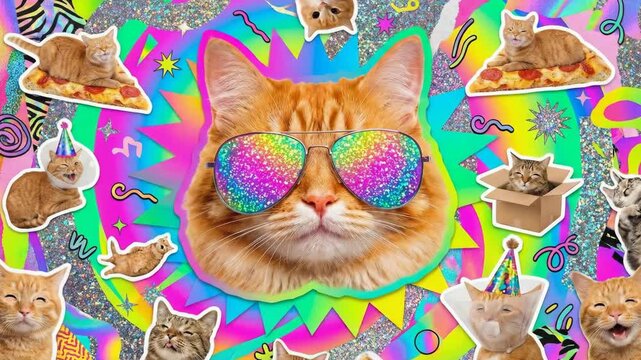 Repetitive pattern of funny cat collage with glasses on vibrant background. Animal pets party concept and digital art.