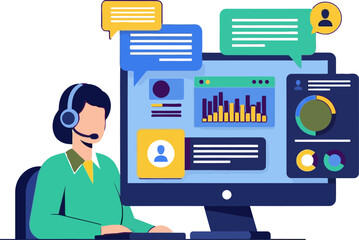 Female agent managing customer data dashboard with analytics and chat messages