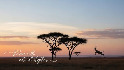 African savanna at dawn with acacia trees and a galloping antelope in silhouette
