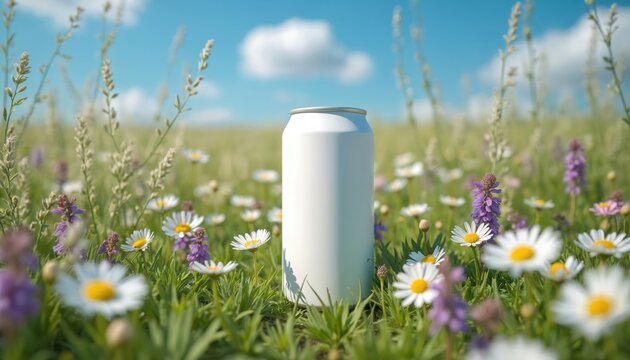 White blank aluminium can sits in sunny meadow with daisies and purple wildflowers. Outdoor product mock up for beverage branding. Summer scene with blue sky and clouds.