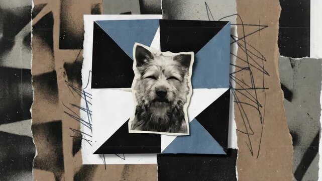 Funny playful dog collage. Repetitive monochrome terrier head on geometric abstract background for pet themed design.