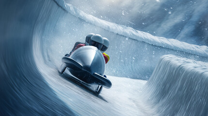 Obraz premium Bobsleigh Team Racing Through Icy Curve on Winter Track