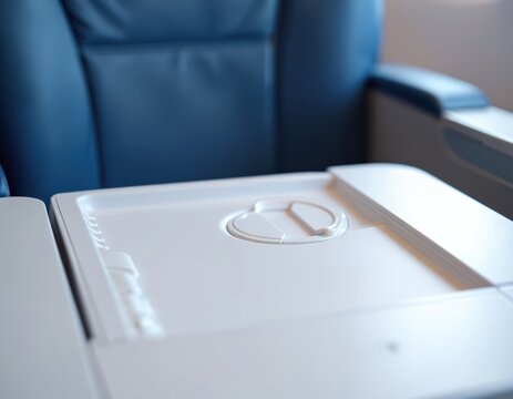 Empty airplane tray table close up on blue. Ready for meal service or work during flight. Seatback tray unfolded with cup holder and latch for securing items.