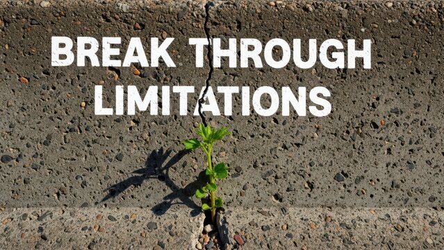 A determined green sprout breaking through a concrete barrier, representing life's resilience and overcoming limitations