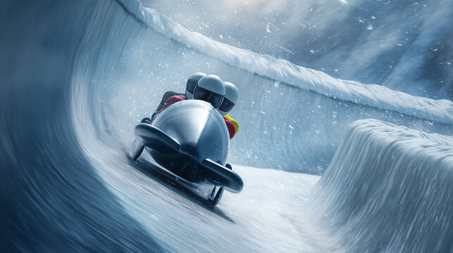 Bobsleigh Team Racing Through Icy Curve on Winter Track