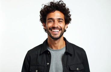 Obraz premium Man with curly dark hair and beard smiles broadly in studio. He wears a black jacket over a grey shirt. Confident, friendly guy looks directly at camera. Positive emotion, approachable person.