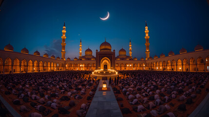 Obraz premium Communal evening prayer unfolds at a magnificent mosque, illuminated under a luminous crescent moon, a powerful scene of spiritual unity and devotion