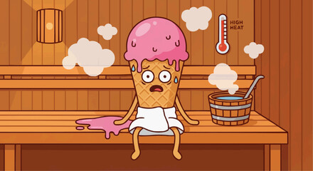 Melting Ice Cream Character Relaxing in Sauna Vector Illustration - Funny Summer Concept