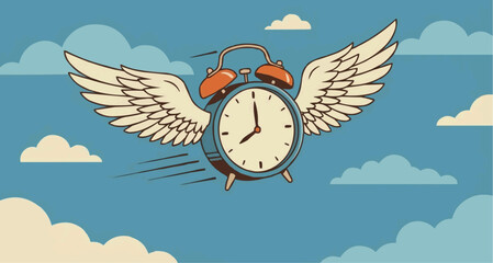 Flying Alarm Clock with Wings Vector Illustration - Time Flies Literal Concept
