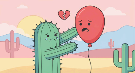 Cactus Character Trying to Hug Red Balloon Vector Illustration - Forbidden Love Concept