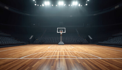 Obraz premium Empty basketball arena with wood court and spectator seats. Bright spotlights illuminate the hoop and playing surface. Perfect for sports, games, and team competitions.