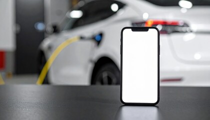 Smartphone with blank white screen standing on table in front of electric car charging at station facility
