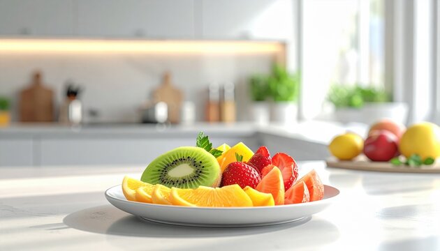Fresh fruit salad plate with kiwi strawberry and orange slices on white marble counter in bright modern minimalist kitchen