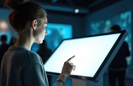 Woman uses interactive touch screen at modern museum show. She touches blank digital display for info. Futuristic tech kiosk allows easy user interface.