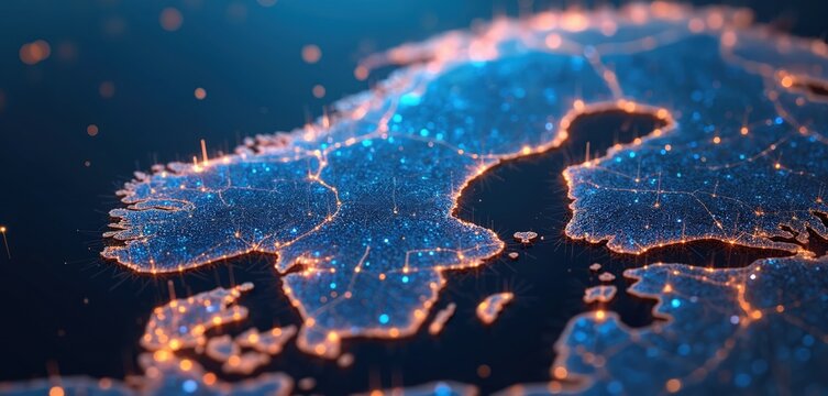 Digital map of Scandinavia shows glowing data network connections across land, sea. Northern Europe lights up with interconnected nodes, lines. Global tech concept with abstract blue orange digital